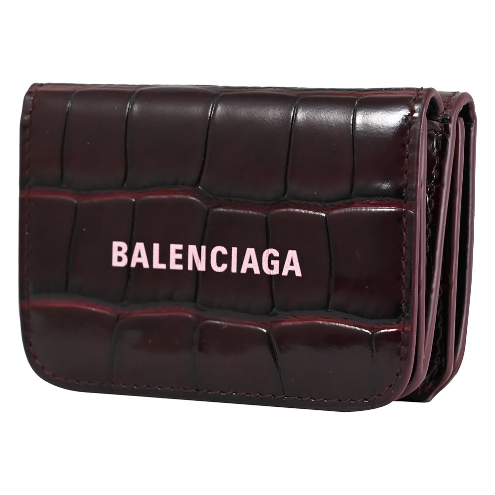 BALENCIAGA 巴黎世家   鱷魚壓紋牛皮三折零錢小短夾.酒紅/粉LOGO