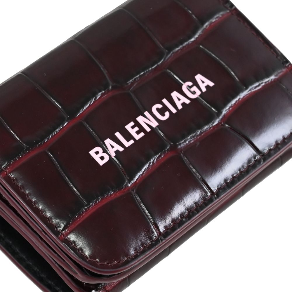 BALENCIAGA 巴黎世家   鱷魚壓紋牛皮三折零錢小短夾.酒紅/粉LOGO