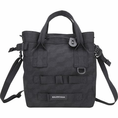 BALENCIAGA 巴黎世家 Army 小款 BB緹花帆布拼織帶手提/斜背托特包(黑色)