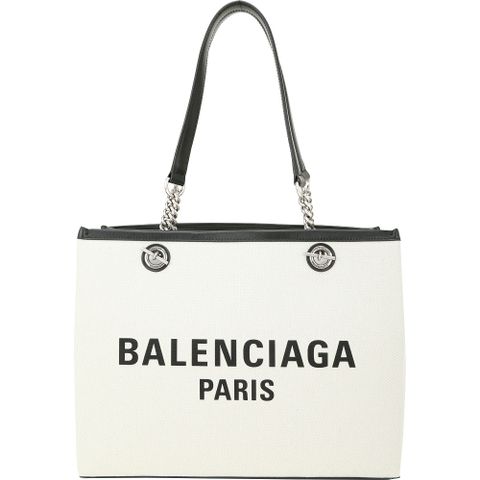 BALENCIAGA 巴黎世家 Duty Free 中型 字母印花帆布肩背托特包(米白色)