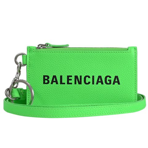 BALENCIAGA 巴黎世家 品牌LOGO斜背頸掛牛皮證件零錢包.螢光綠