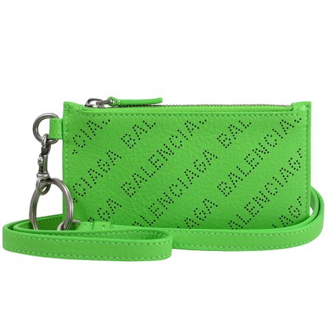 BALENCIAGA 巴黎世家 594548 滿版LOGO斜背頸掛牛皮證件零錢包.螢光綠