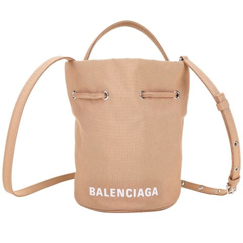 BALENCIAGA 巴黎世家 Wheel XS 字母刺繡再生尼龍手提/斜背水桶包(米褐色)