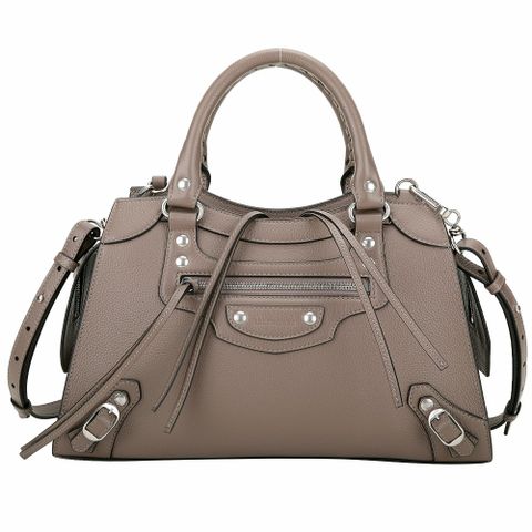 BALENCIAGA 巴黎世家 NEO CLASSIC CITY S 仿舊銀釦荔紋牛皮手提/肩背包(灰棕色)