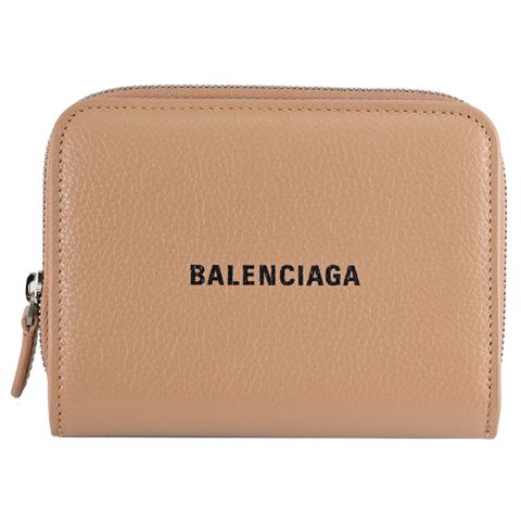 BALENCIAGA 巴黎世家 品牌LOGO牛皮寬版釦式零錢短夾.淺咖