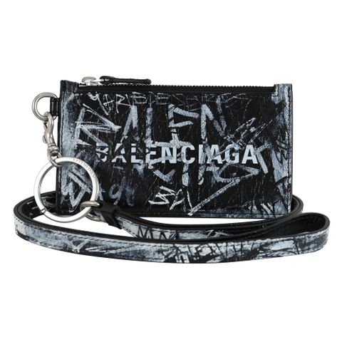 BALENCIAGA 巴黎世家 品牌LOGO塗鴉小羊皮斜背頸掛卡片零錢包.黑/白