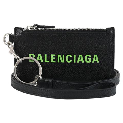 BALENCIAGA 巴黎世家 品牌LOGO斜背頸掛牛皮證件零錢包.黑/綠