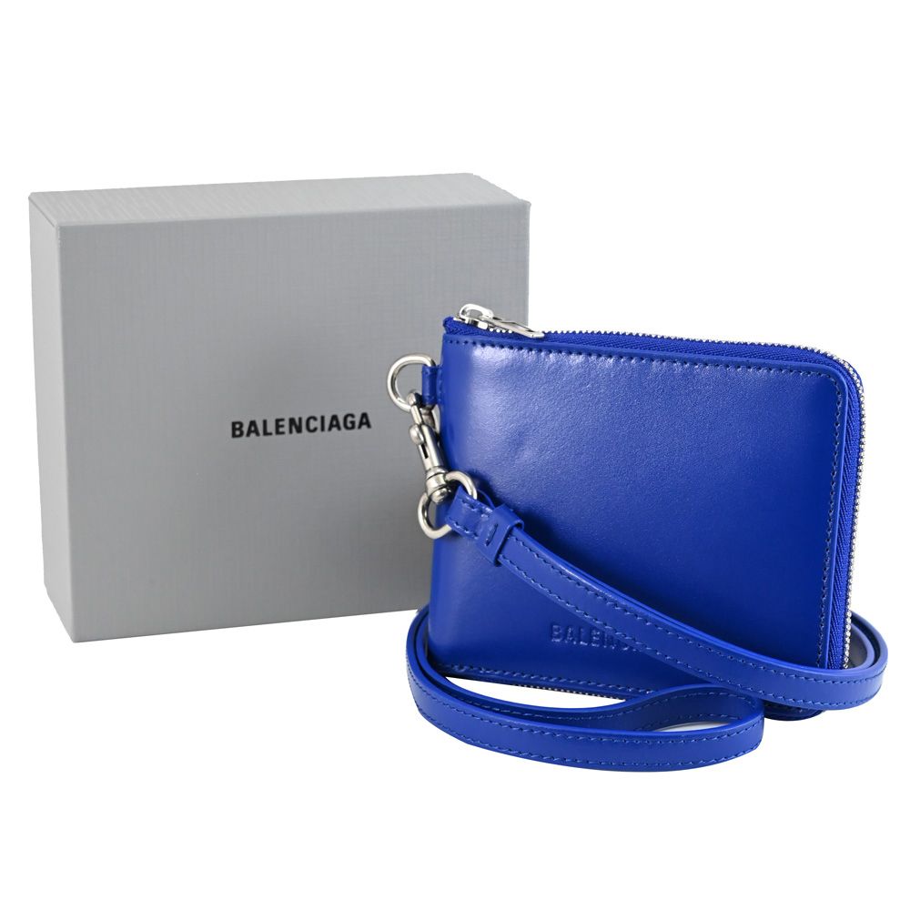 BALENCIAGA 巴黎世家   烙印LOGO頸掛式/斜背牛皮拉鍊零錢短夾.寶藍