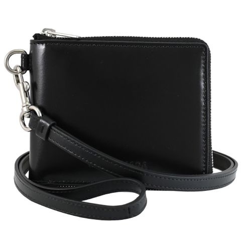BALENCIAGA 巴黎世家 664043 質感小牛皮頸掛/斜背拉鍊零錢短夾.黑/銀