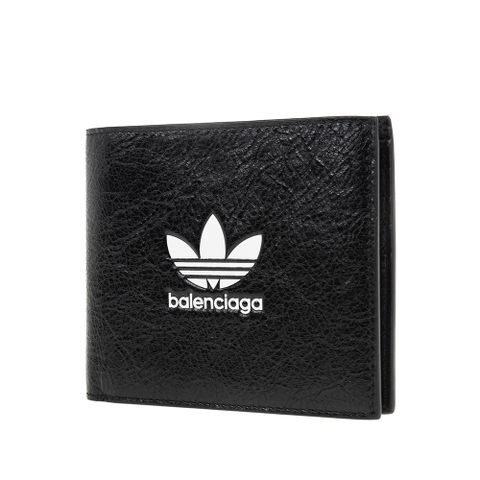 BALENCIAGA 巴黎世家 X adidas 限量聯名三葉草LOGO皮革三折小短夾 (黑色)