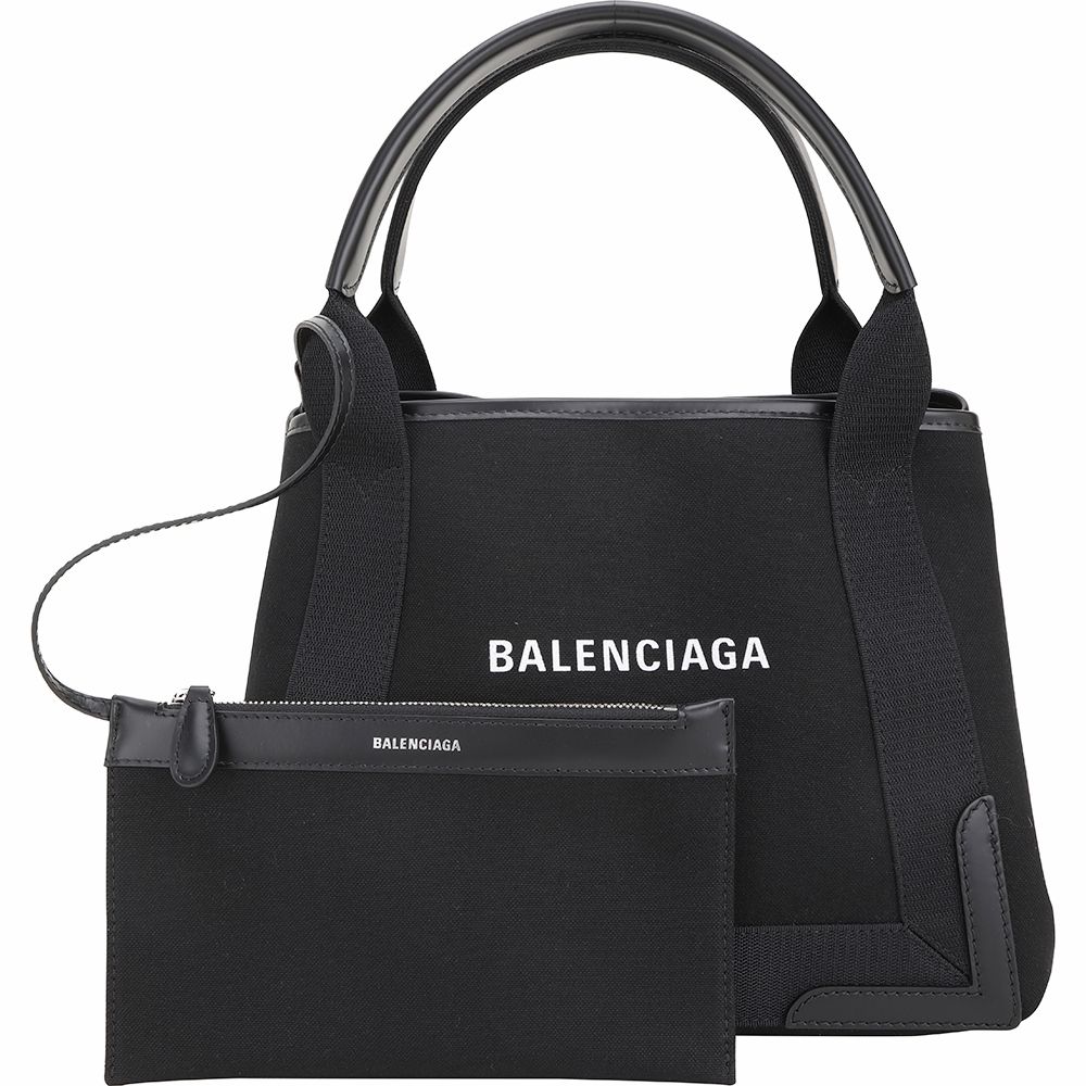 BALENCIAGA 巴黎世家 Navy Cabas S 字母帆布豹紋印花內裡手提/肩背托特包(黑色/附萬用包)