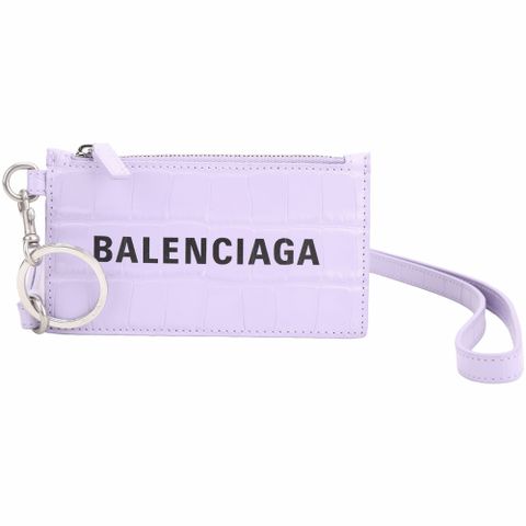 BALENCIAGA 巴黎世家 BALENCIAGA 巴黎世家 可拆掛頸背帶字母鱷魚紋壓花小牛皮卡片夾/零錢包(粉紫色)