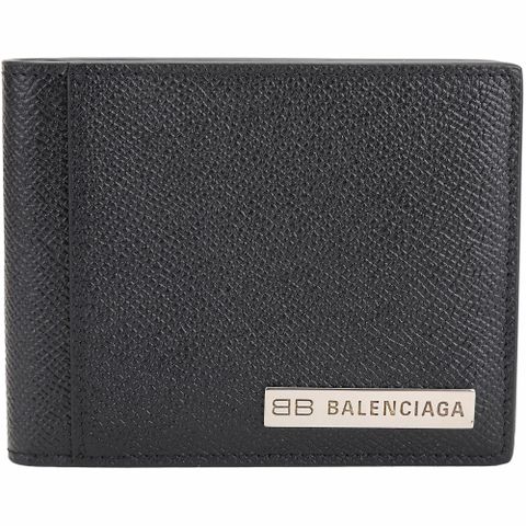 BALENCIAGA 巴黎世家 BALENCIAGA 巴黎世家 Plate BB金屬飾牌壓紋牛皮對折短夾(黑色)