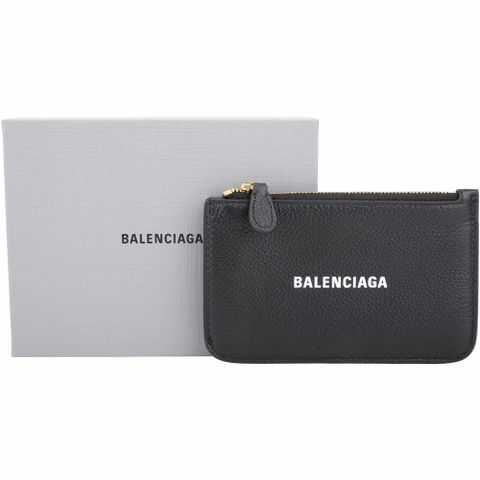 BALENCIAGA 巴黎世家 字母印花荔紋牛皮卡片夾/零錢包(黑色)