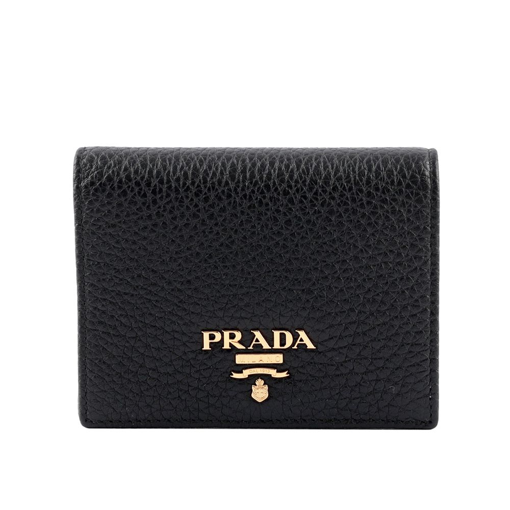 PRADA 普拉達  浮雕Logo荔枝皮革二折短夾(黑色) 1MV204 2E3A F0002