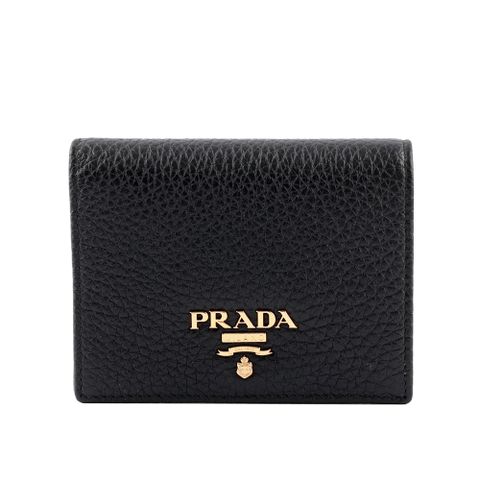 PRADA 普拉達 浮雕Logo荔枝皮革二折短夾(黑色) 1MV204 2E3A F0002