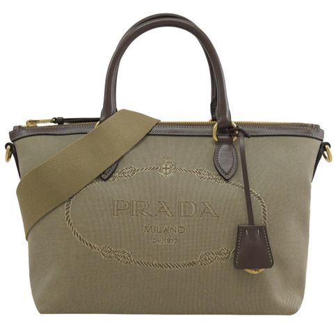 PRADA 普拉達 1BA104 經典大LOGO緹花帆布手提兩用包.駝