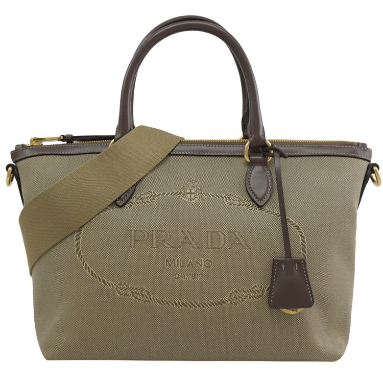 PRADA 普拉達  1BA104 經典大LOGO緹花帆布手提兩用包.駝