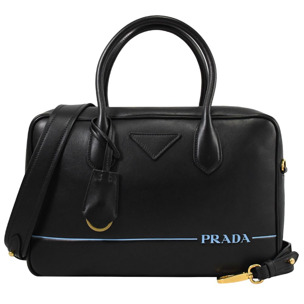 PRADA 普拉達  CITY CALF線條LOGO牛皮兩用方包.黑 大