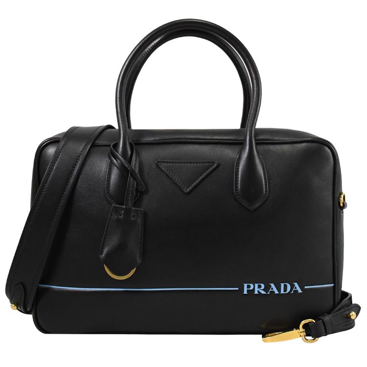 PRADA 普拉達  CITY CALF線條LOGO牛皮兩用方包.黑 大