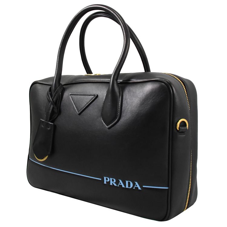 PRADA 普拉達  CITY CALF線條LOGO牛皮兩用方包.黑 大