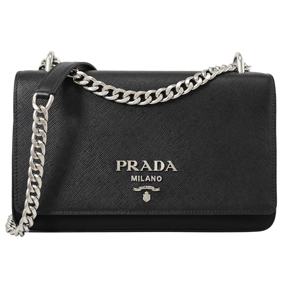 PRADA 普拉達  經典浮雕LOGO防刮牛皮翻蓋尼龍斜背包.黑