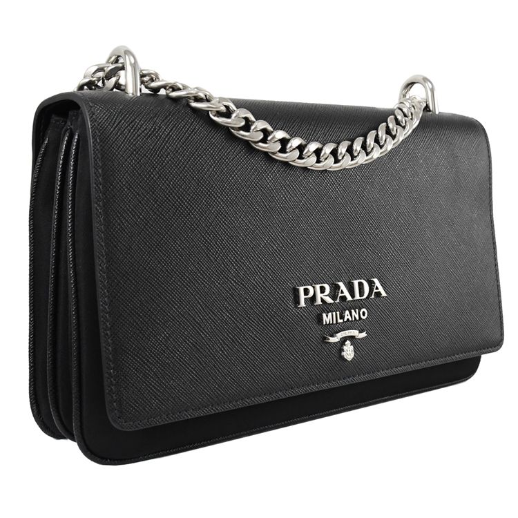 PRADA 普拉達  經典浮雕LOGO防刮牛皮翻蓋尼龍斜背包.黑