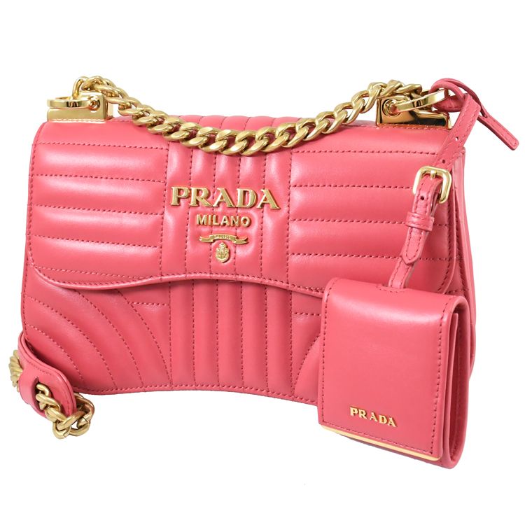 PRADA 普拉達  金屬浮雕LOGO牛皮肩斜鍊包(附可拆式小包).桃粉