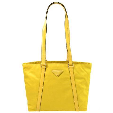 PRADA 1BG291 經典三角LOGO素面尼龍肩背托特包.亮黃
