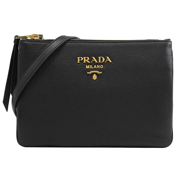 PRADA 1BH046 浮雕金字LOGO荔枝牛皮雙層斜背包.黑- PChome 24h購物