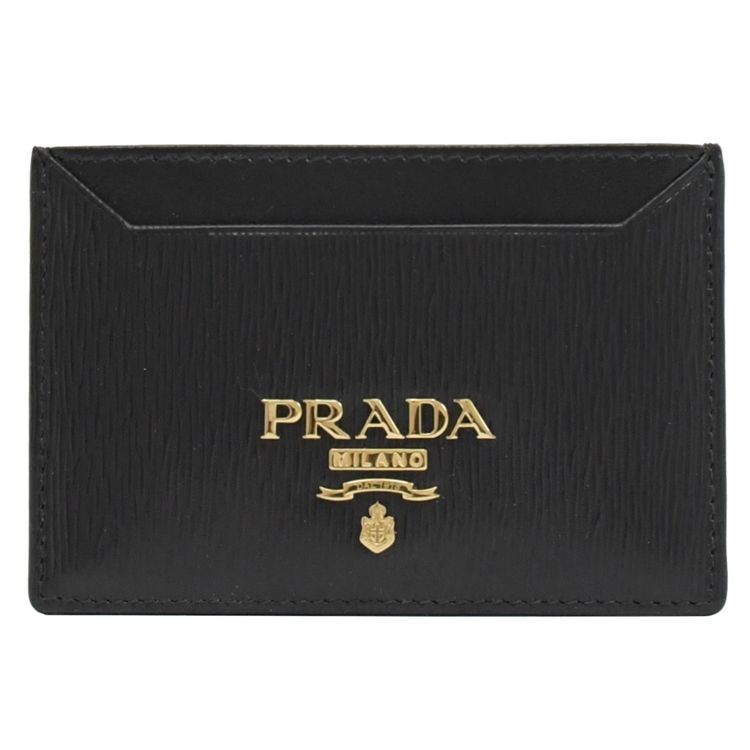 PRADA 普拉達  浮雕LOGO水波紋扁式名片卡夾.黑