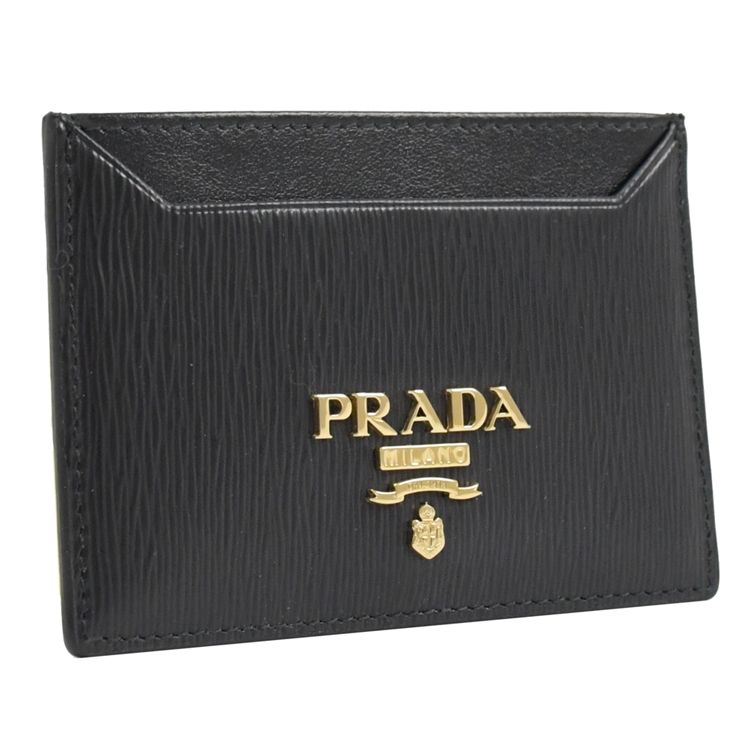 PRADA 普拉達  浮雕LOGO水波紋扁式名片卡夾.黑