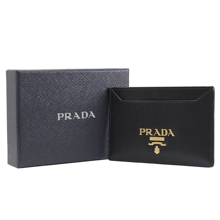 PRADA 普拉達  浮雕LOGO水波紋扁式名片卡夾.黑