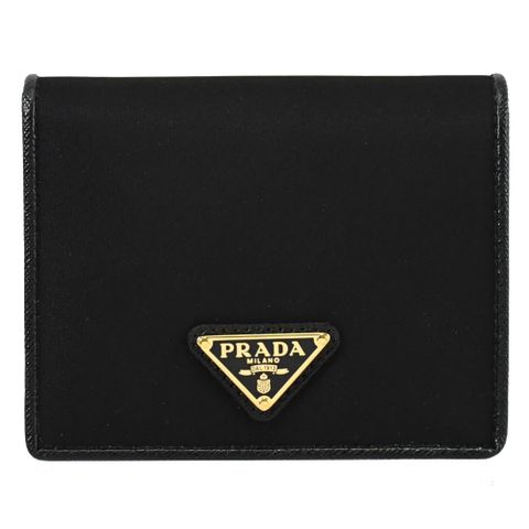 PRADA 1MV204 三角LOGO尼龍皮飾邊扣式短夾.黑