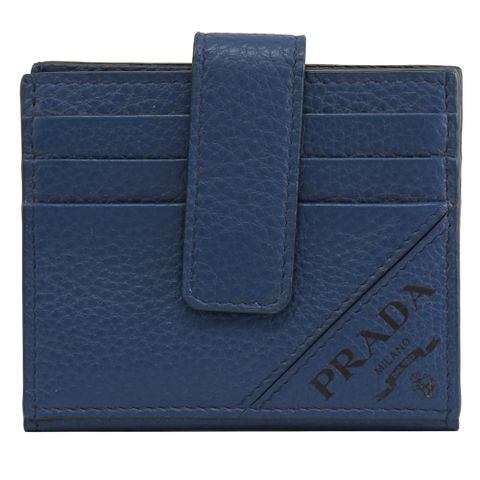 PRADA 普拉達 壓印LOGO荔枝牛皮兩折扣式卡夾包.藍