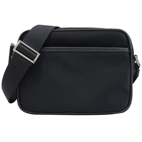 PRADA 2VH144 經典LOGO輕量尼龍皮飾邊斜背小方包.深藍