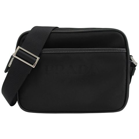 PRADA 2VH144 經典LOGO輕量尼龍皮飾邊斜背小方包.黑