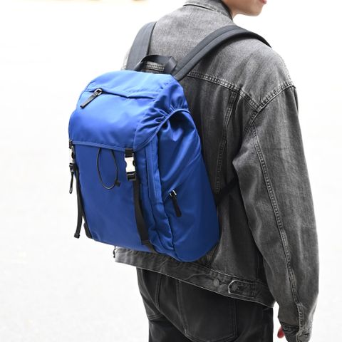 PRADA 三角LOGO尼龍硬式束口後背包旅用包.藍 大