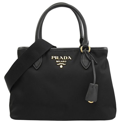 PRADA 經典LOGO寬背帶尼龍帆布手提兩用包.黑