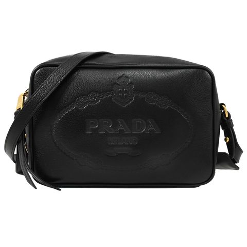 PRADA 普拉達 Jacquard復古花紋LOGO牛皮斜背相機包.黑