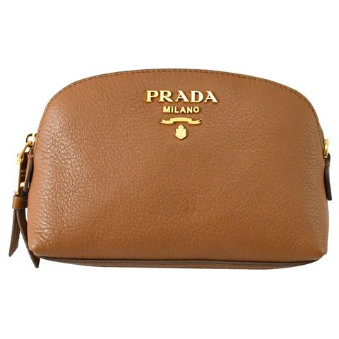 PRADA 浮雕LOGO貝殼造型牛皮萬用包/化妝包.棕