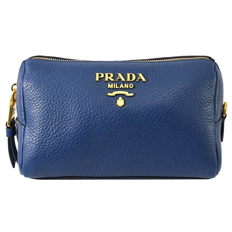 PRADA 普拉達  浮雕LOGO牛皮萬用包/化妝包.藍