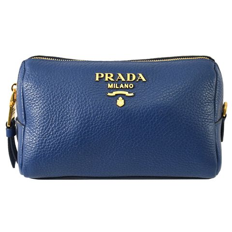 PRADA 普拉達 浮雕LOGO牛皮萬用包/化妝包.藍