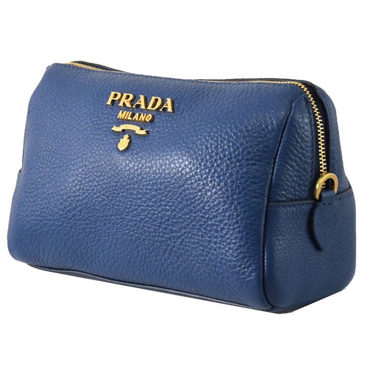 PRADA 普拉達  浮雕LOGO牛皮萬用包/化妝包.藍