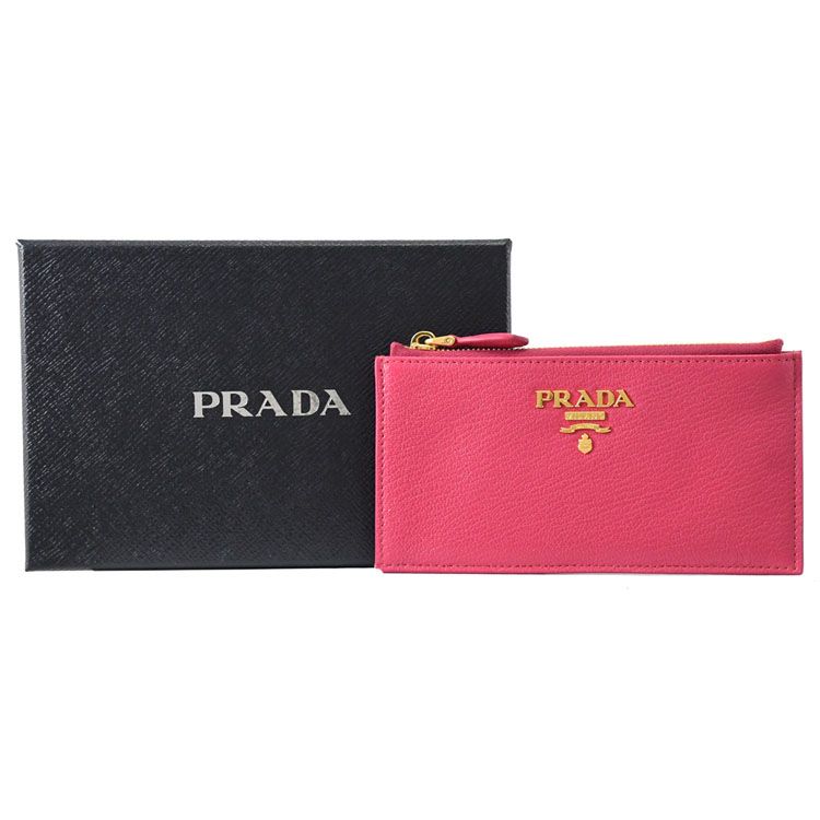 PRADA 普拉達  浮雕 LOGO小羊皮6卡大容量零錢包.芍藥粉