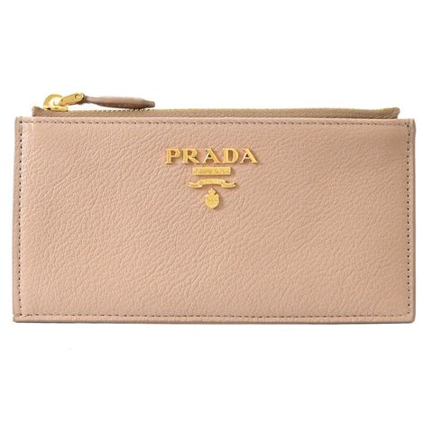 PRADA 普拉達 浮雕 LOGO小羊皮6卡大容量零錢包.駝色