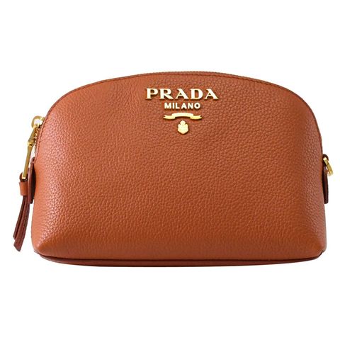 PRADA 普拉達 浮雕LOGO貝殼造型牛皮萬用化妝包.橘棕