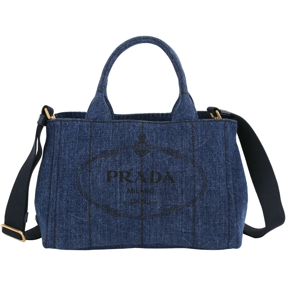 PRADA 普拉達  Canvas 徽標印花單寧帆布手提/斜背托特包(深藍色)