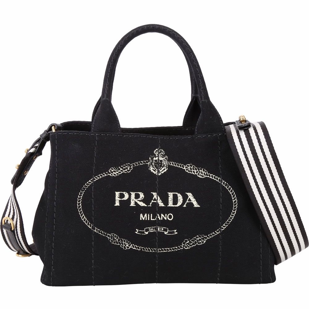 PRADA 普拉達  Canvas 條紋背帶 徽標印花單寧帆布手提/斜背托特包(黑色)