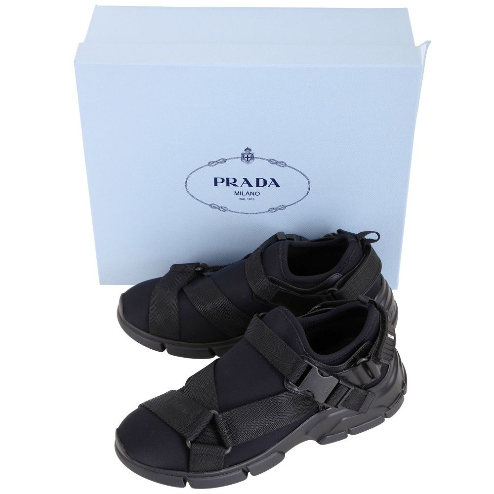 PRADA 普拉達  Neoprene 潛水布料織帶釦運動鞋(女款/黑色)